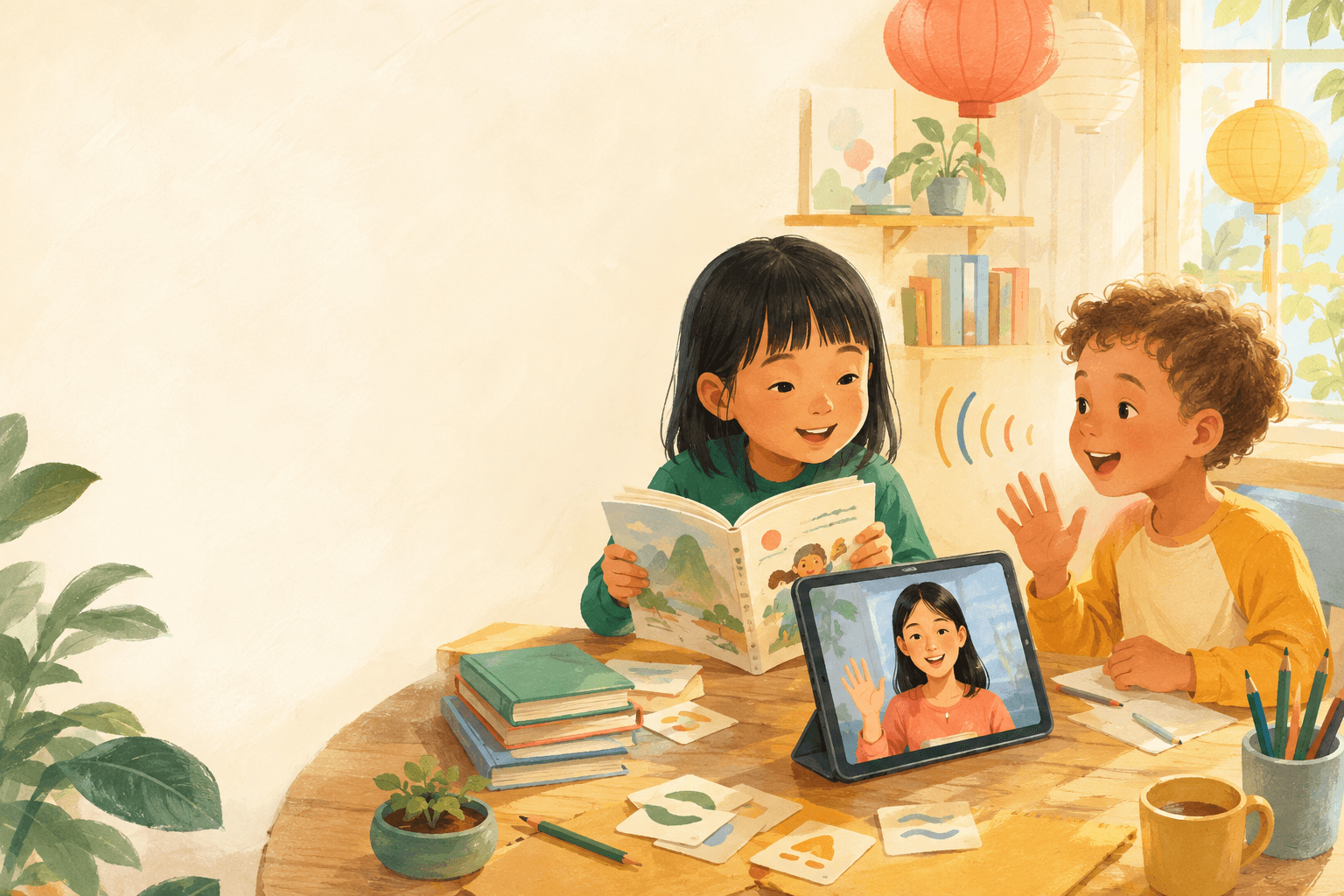 两位孩子在老师引导下学习中文